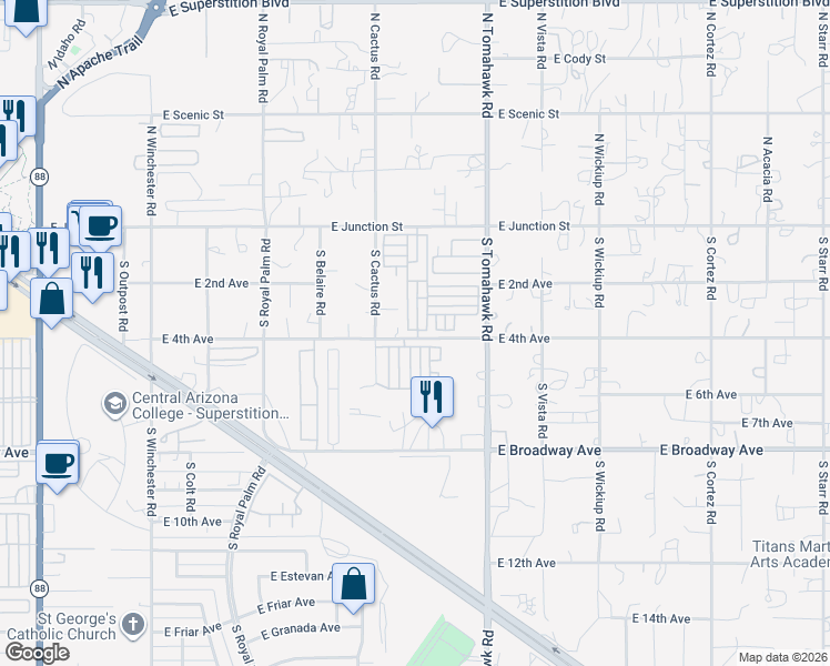 map of restaurants, bars, coffee shops, grocery stores, and more near 1371 East 4th Avenue in Apache Junction