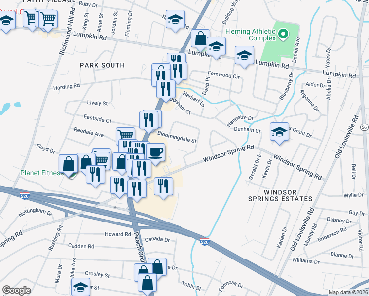 map of restaurants, bars, coffee shops, grocery stores, and more near 3035 Brighton Street in Augusta
