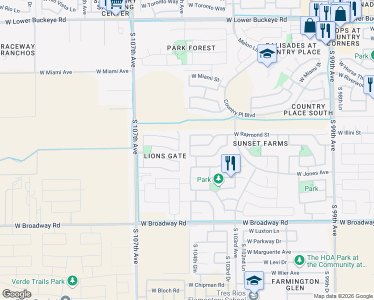 map of restaurants, bars, coffee shops, grocery stores, and more near 10504 West Odeum Lane in Tolleson