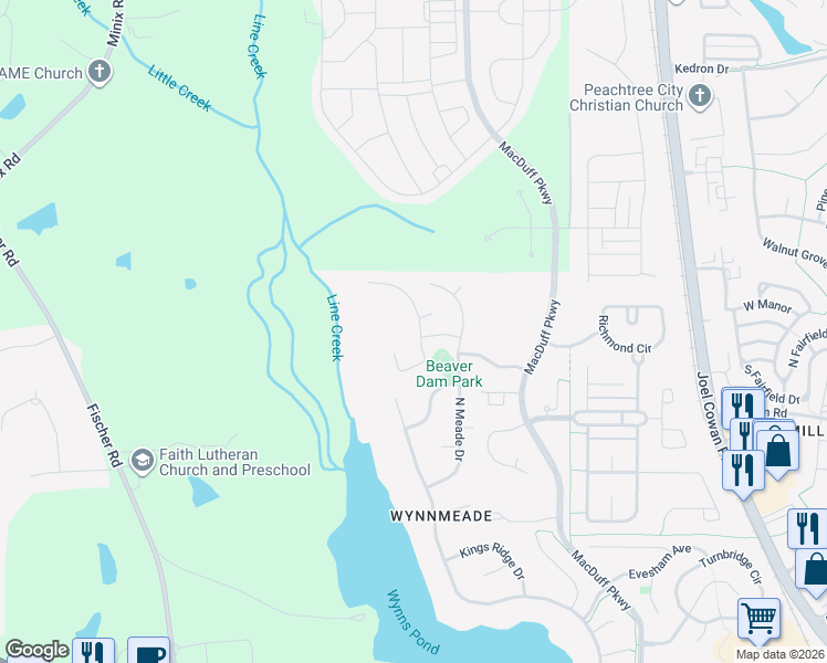 map of restaurants, bars, coffee shops, grocery stores, and more near 503 Merrill Lane in Peachtree City