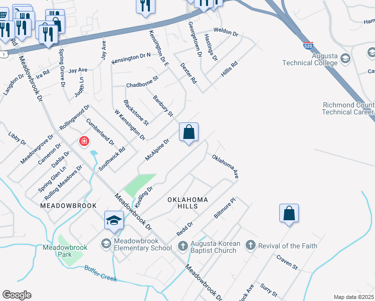 map of restaurants, bars, coffee shops, grocery stores, and more near 3534 Kindling Drive in Augusta