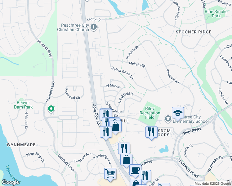 map of restaurants, bars, coffee shops, grocery stores, and more near 401 Sherrels Ford in Peachtree City
