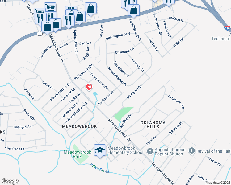 map of restaurants, bars, coffee shops, grocery stores, and more near 3510 Cornwall Road in Augusta