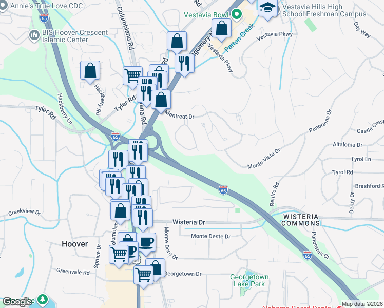 map of restaurants, bars, coffee shops, grocery stores, and more near 2000 Montreat Parkway in Vestavia Hills