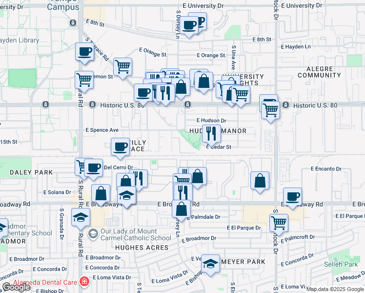 map of restaurants, bars, coffee shops, grocery stores, and more near 1249 East Spence Avenue in Tempe