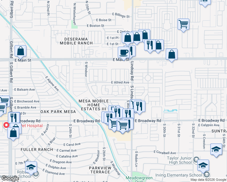 map of restaurants, bars, coffee shops, grocery stores, and more near 2701 East Allred Avenue in Mesa