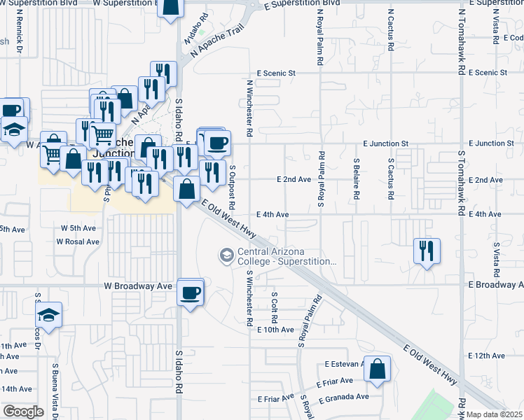 map of restaurants, bars, coffee shops, grocery stores, and more near 417 South Winchester Road in Apache Junction