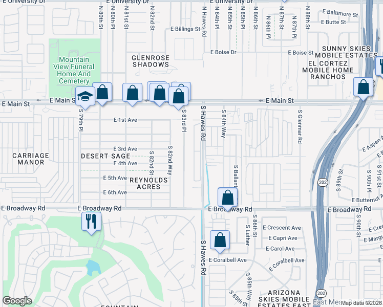 map of restaurants, bars, coffee shops, grocery stores, and more near 213 South 83rd Place in Mesa