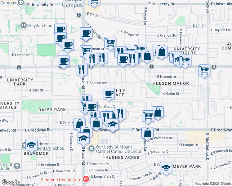map of restaurants, bars, coffee shops, grocery stores, and more near 1441 South Bonarden Lane in Tempe