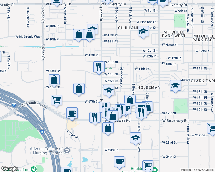 map of restaurants, bars, coffee shops, grocery stores, and more near 1326 West 18th Street in Tempe