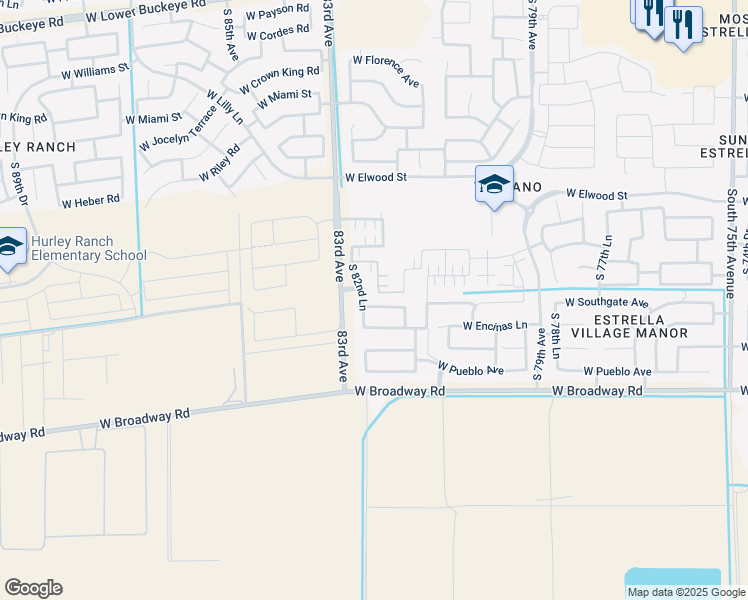 map of restaurants, bars, coffee shops, grocery stores, and more near 8204 West Encinas Lane in Phoenix