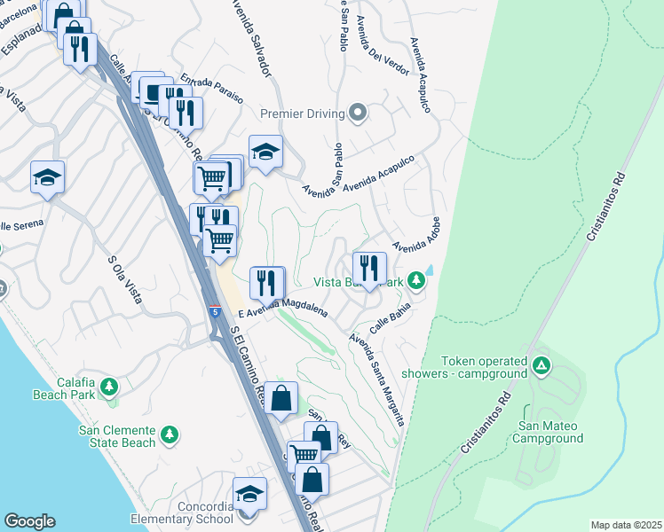 map of restaurants, bars, coffee shops, grocery stores, and more near 413 Avenida Crespi in San Clemente