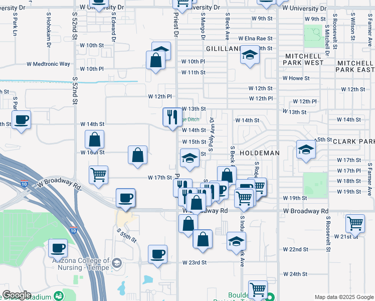 map of restaurants, bars, coffee shops, grocery stores, and more near 1326 West 18th Street in Tempe