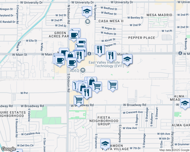map of restaurants, bars, coffee shops, grocery stores, and more near 1815 West 1st Avenue in Mesa