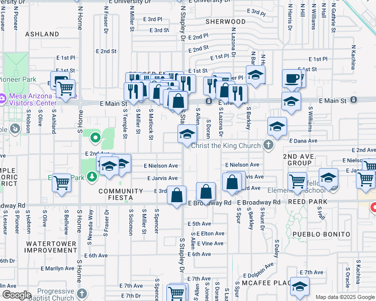 map of restaurants, bars, coffee shops, grocery stores, and more near in Mesa