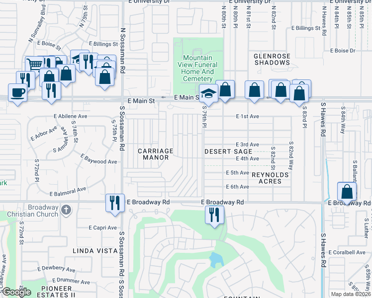 map of restaurants, bars, coffee shops, grocery stores, and more near 7750 East Broadway Road in Mesa