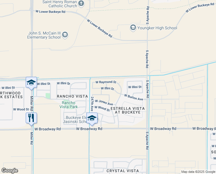 map of restaurants, bars, coffee shops, grocery stores, and more near 24572 West Illini Street in Buckeye