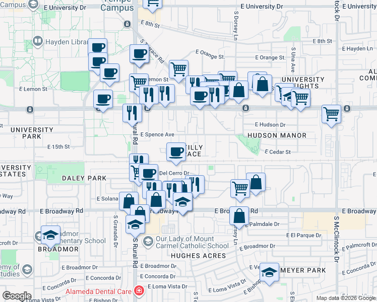 map of restaurants, bars, coffee shops, grocery stores, and more near 1441 South Bonarden Lane in Tempe