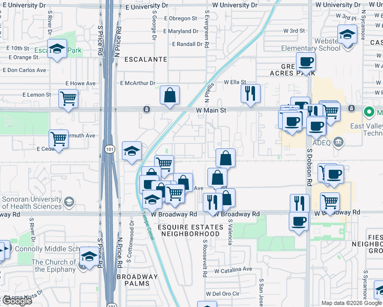 map of restaurants, bars, coffee shops, grocery stores, and more near 150 South Roosevelt Road in Mesa