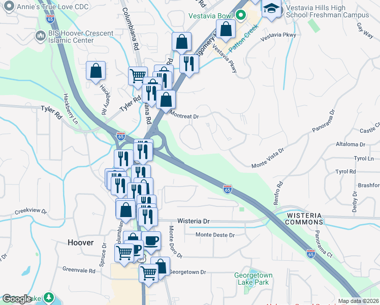 map of restaurants, bars, coffee shops, grocery stores, and more near 2000 Montreat Parkway in Vestavia Hills