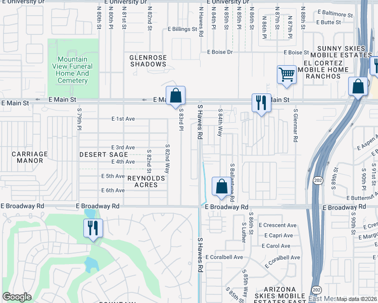 map of restaurants, bars, coffee shops, grocery stores, and more near 213 South 83rd Place in Mesa