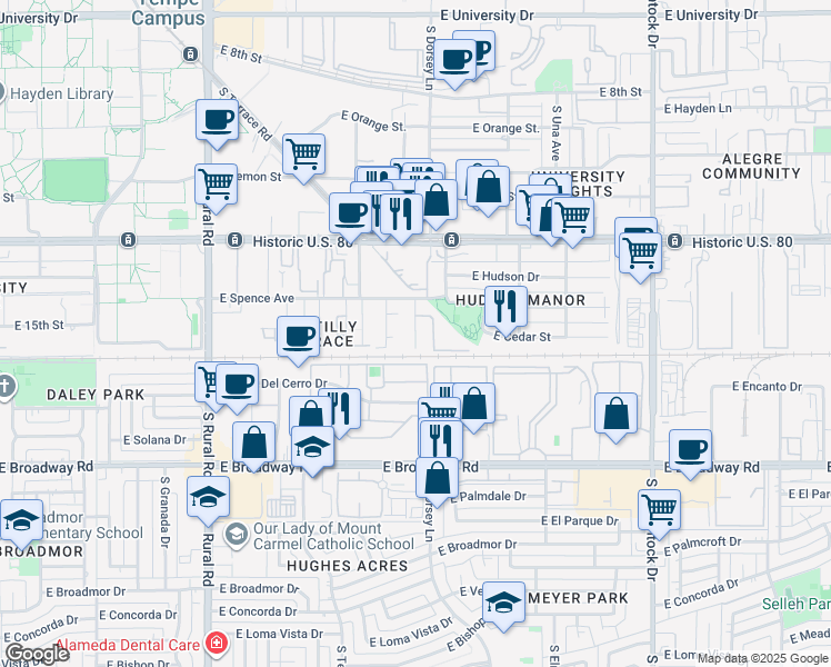 map of restaurants, bars, coffee shops, grocery stores, and more near 1445 South Kenneth Place in Tempe