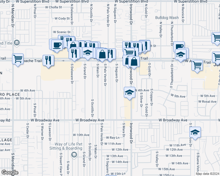 map of restaurants, bars, coffee shops, grocery stores, and more near 380 South Stardust Lane in Apache Junction