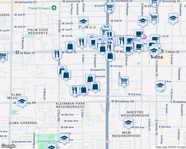map of restaurants, bars, coffee shops, grocery stores, and more near 526 West Dana Avenue in Mesa