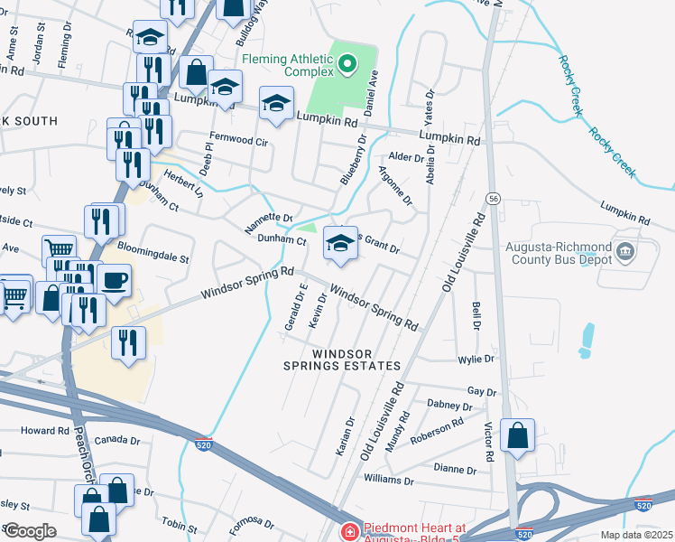map of restaurants, bars, coffee shops, grocery stores, and more near 1820 Windsor Spring Road in Augusta