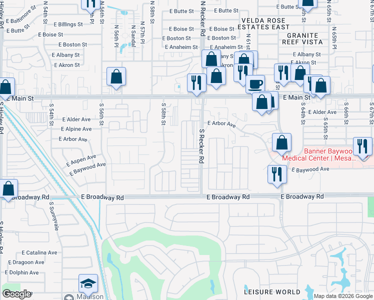 map of restaurants, bars, coffee shops, grocery stores, and more near 305 South 58th Place in Mesa