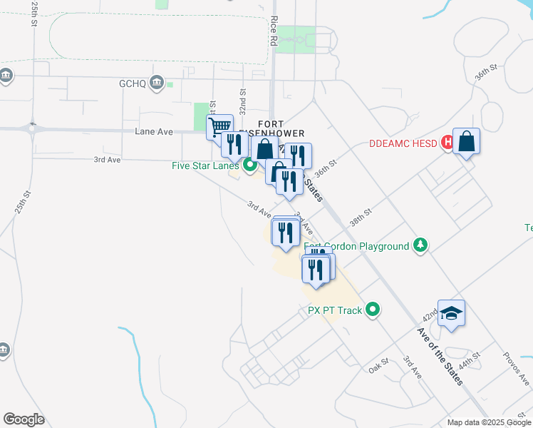 map of restaurants, bars, coffee shops, grocery stores, and more near 3rd Avenue Bypass in Augusta