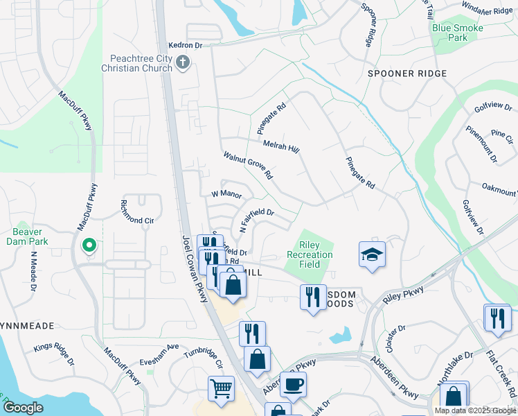 map of restaurants, bars, coffee shops, grocery stores, and more near 625 North Fairfield Drive in Peachtree City