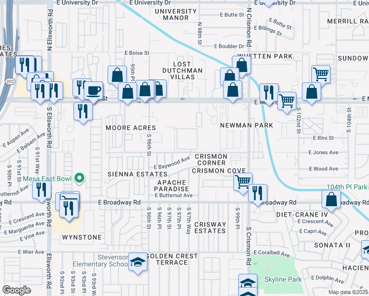 map of restaurants, bars, coffee shops, grocery stores, and more near 105 South 97th Street in Mesa