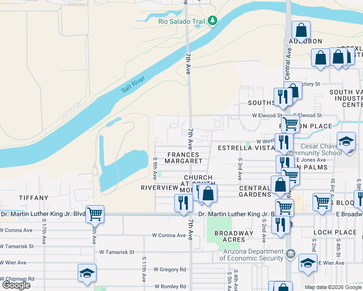 map of restaurants, bars, coffee shops, grocery stores, and more near 3736 South 7th Avenue in Phoenix