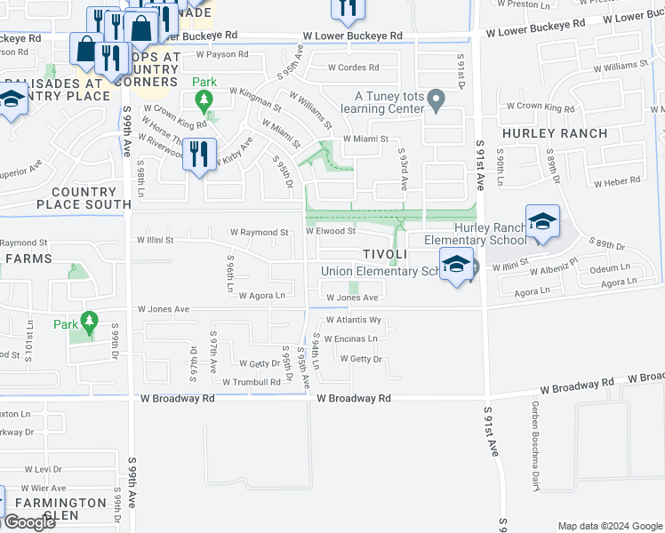 map of restaurants, bars, coffee shops, grocery stores, and more near 9423 West Illini Street in Tolleson