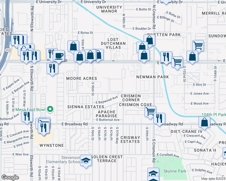 map of restaurants, bars, coffee shops, grocery stores, and more near 105 South 97th Street in Mesa