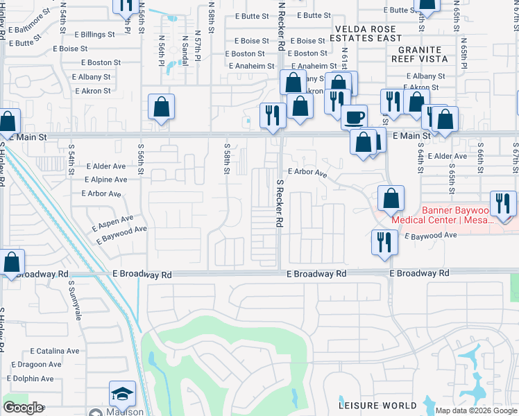 map of restaurants, bars, coffee shops, grocery stores, and more near 305 South 58th Place in Mesa