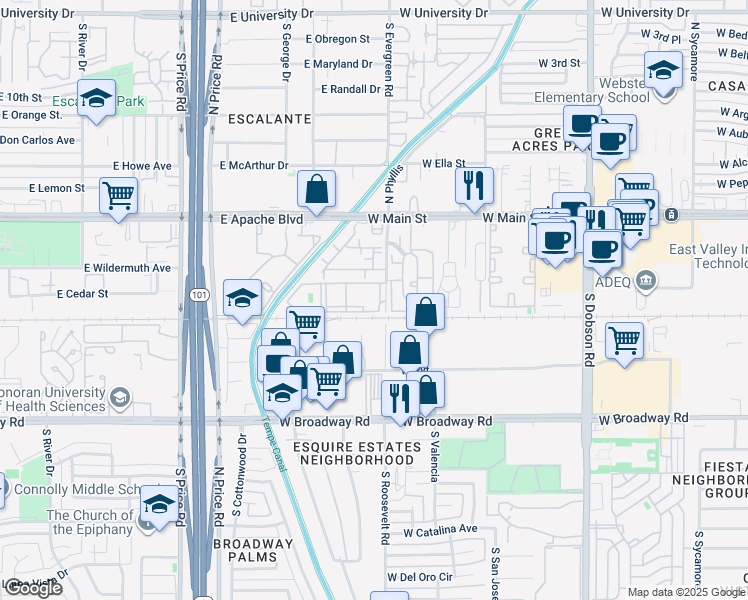 map of restaurants, bars, coffee shops, grocery stores, and more near 9 South Roosevelt Road in Mesa