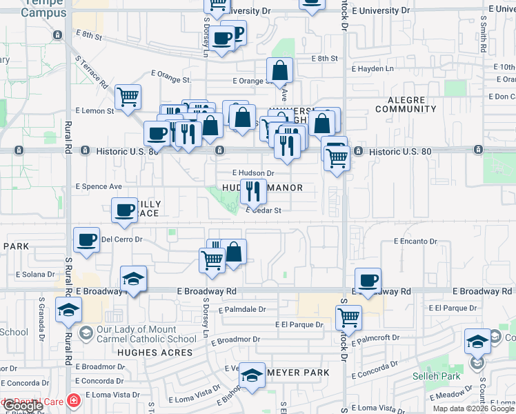 map of restaurants, bars, coffee shops, grocery stores, and more near 1433 East Williams Street in Tempe