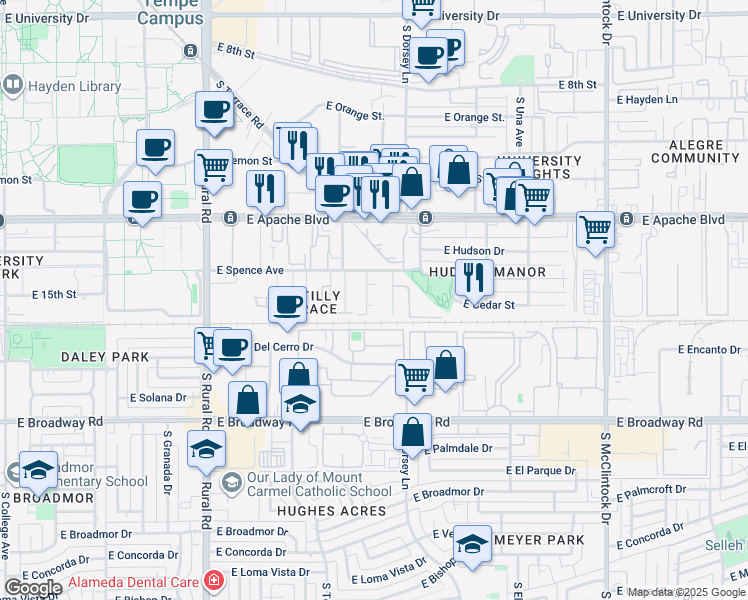 map of restaurants, bars, coffee shops, grocery stores, and more near 1223 East Spence Avenue in Tempe