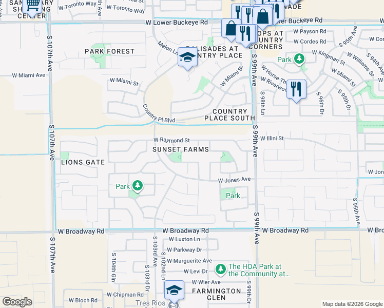 map of restaurants, bars, coffee shops, grocery stores, and more near 10125 West Illini Street in Tolleson