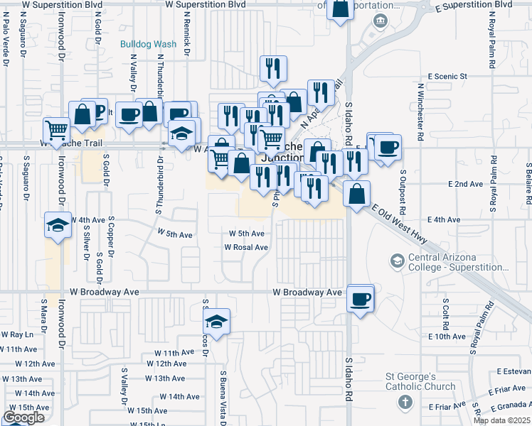 map of restaurants, bars, coffee shops, grocery stores, and more near 280 South Phelps Drive in Apache Junction