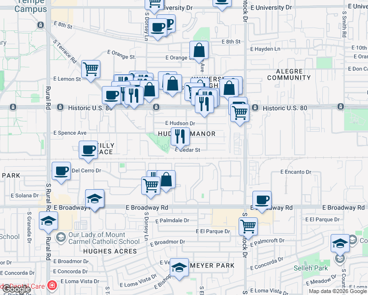 map of restaurants, bars, coffee shops, grocery stores, and more near 1433 East Williams Street in Tempe