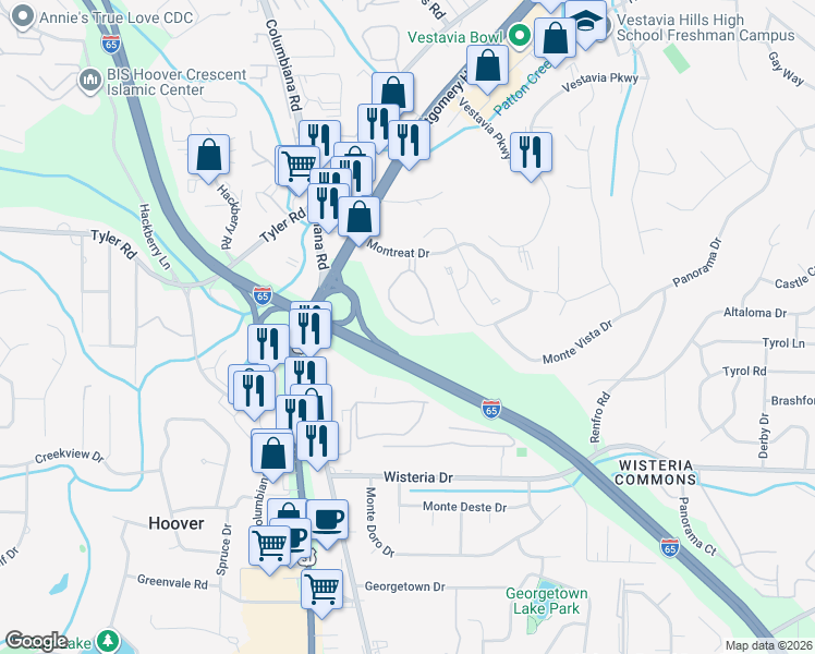map of restaurants, bars, coffee shops, grocery stores, and more near 2079 Montreat Circle in Vestavia Hills
