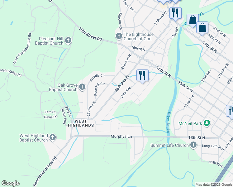 map of restaurants, bars, coffee shops, grocery stores, and more near 1113 26th Avenue North in Hueytown