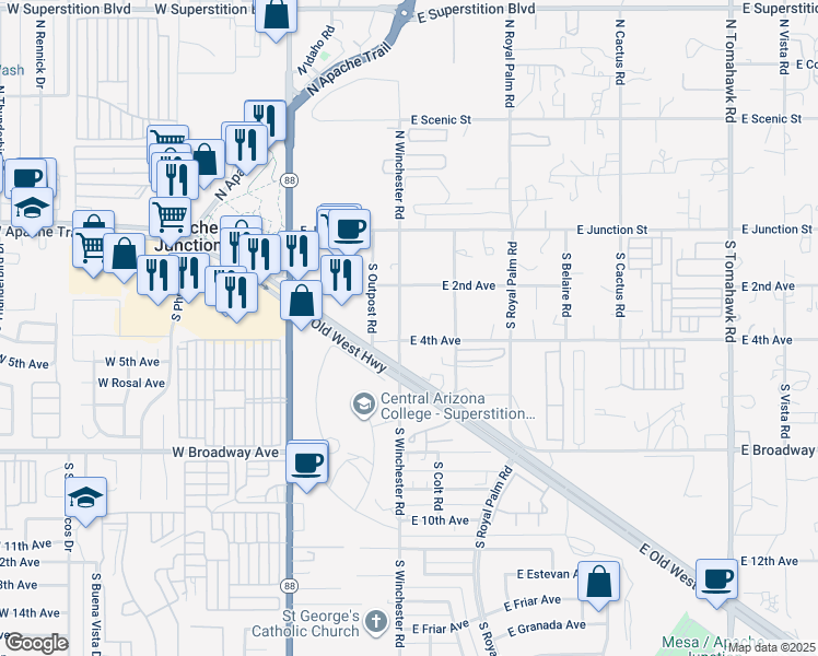 map of restaurants, bars, coffee shops, grocery stores, and more near 454 East 4th Avenue in Apache Junction