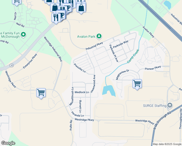 map of restaurants, bars, coffee shops, grocery stores, and more near 1591 Pressley Lane in McDonough