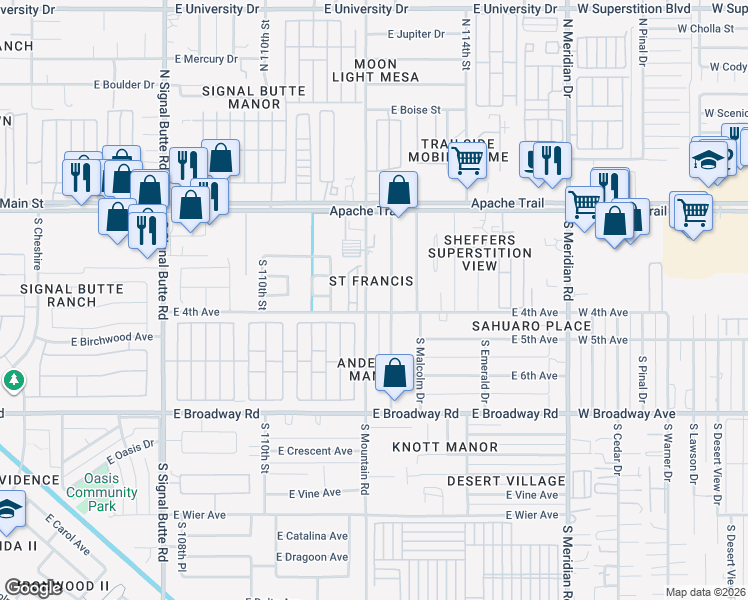 map of restaurants, bars, coffee shops, grocery stores, and more near 11140 East 4th Avenue in Apache Junction