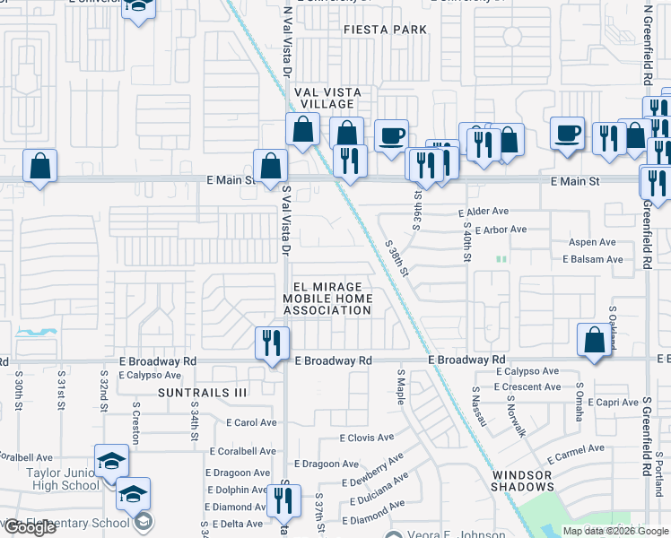 map of restaurants, bars, coffee shops, grocery stores, and more near 3711 Aspen Avenue in Mesa