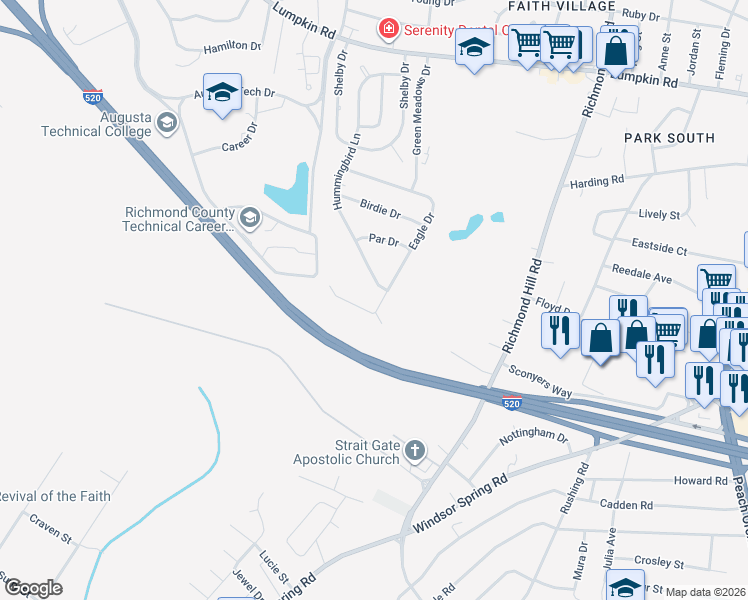 map of restaurants, bars, coffee shops, grocery stores, and more near 3041 Hummingbird Lane in Augusta